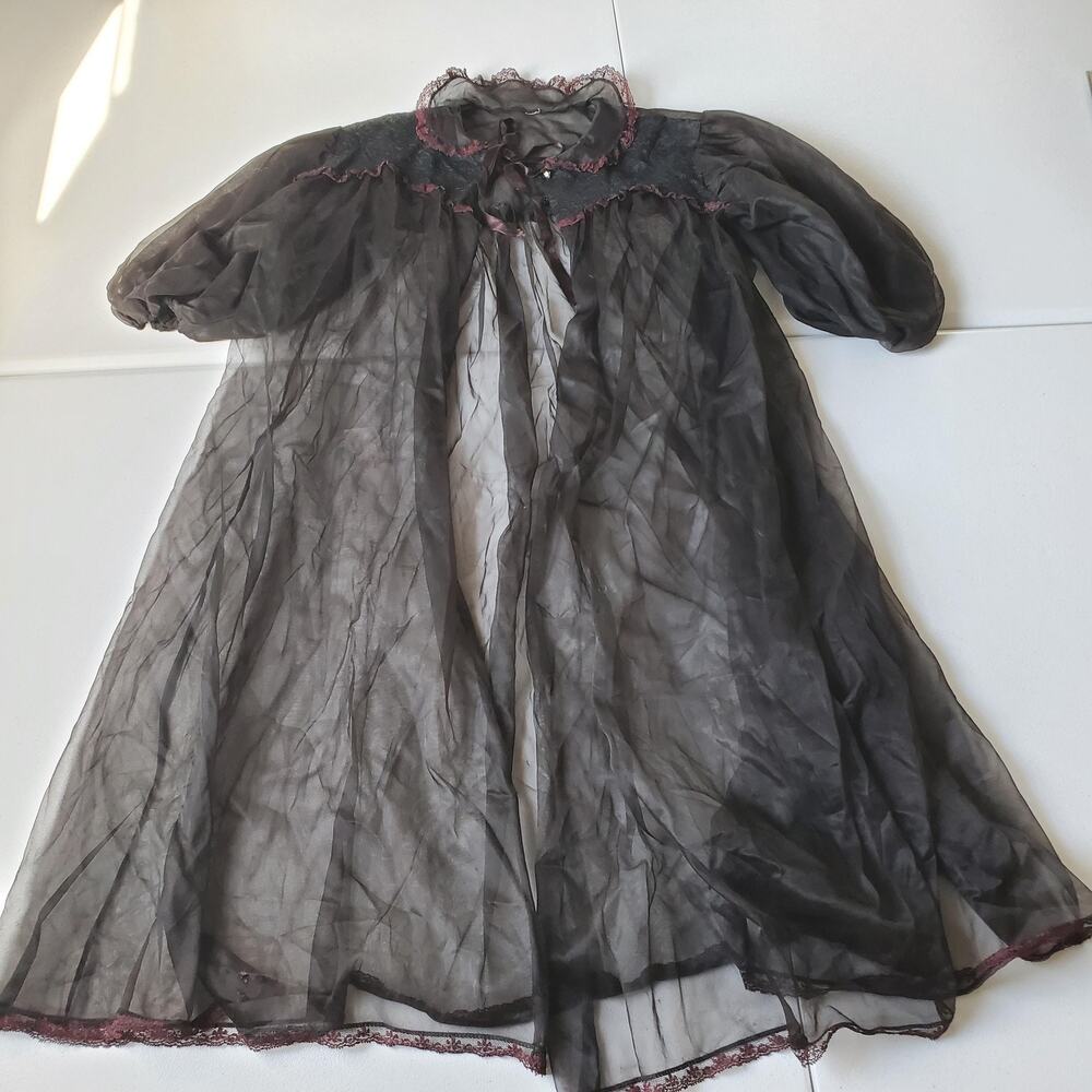Vintage Gothic Steampunk Sheer Robe Small Black Burgundy Chiffon Lace Lingerie